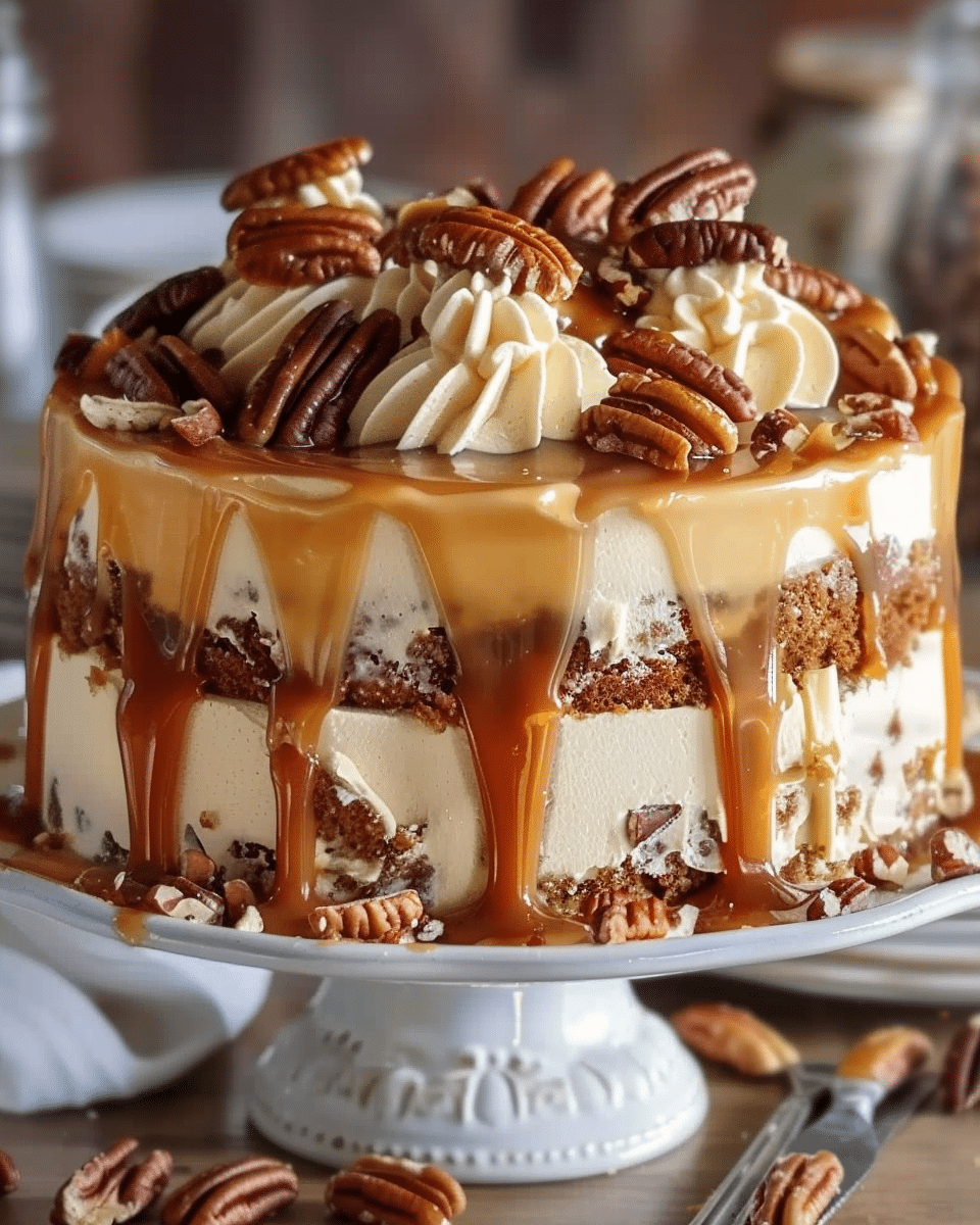 Caramel Butter Pecan Praline Poke Cake