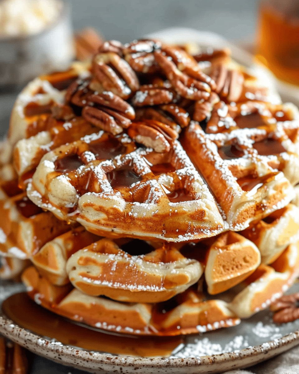 Crispy Pecan Waffles with Maple Drizzle