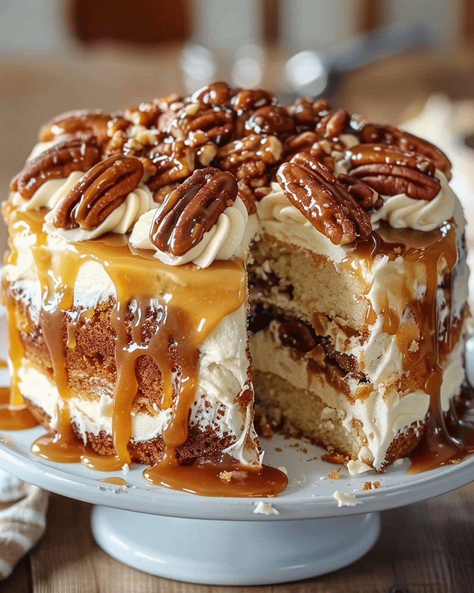 Caramel Butter Pecan Praline Poke Cake
