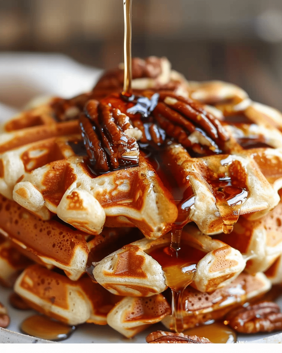 Crispy Pecan Waffles with Maple Drizzle