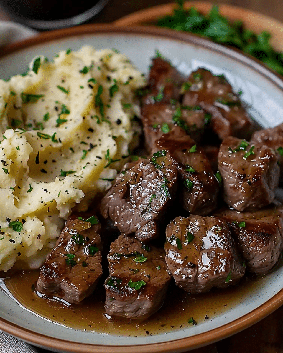 Garlic Butter Beef Bites with Creamy Mashed Potatoes