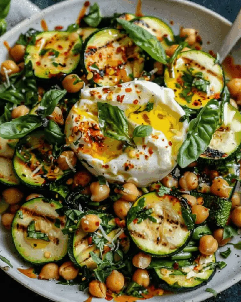 Grilled Zucchini Chickpea Salad with Burrata and Chili Oil