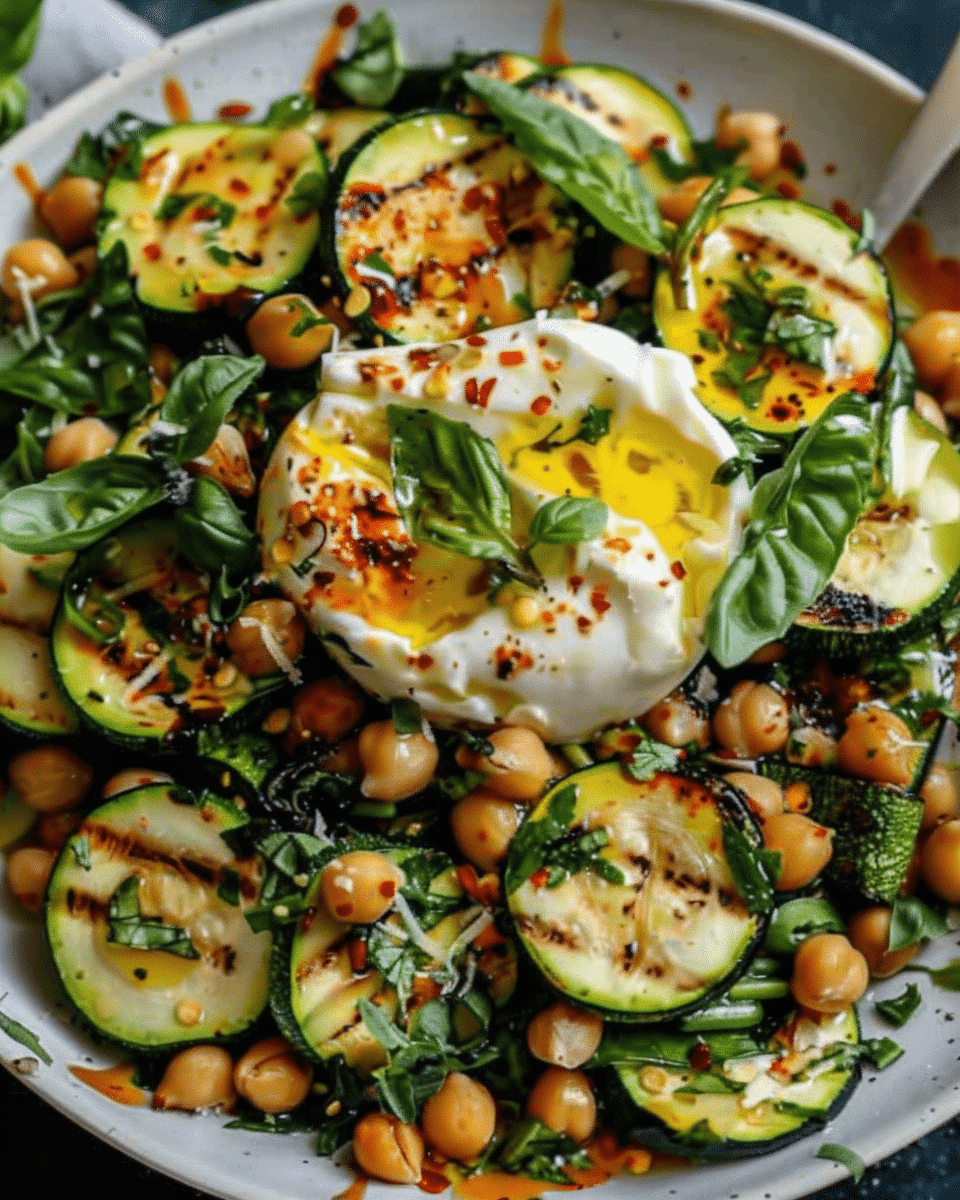 Grilled Zucchini Chickpea Salad with Burrata and Chili Oil