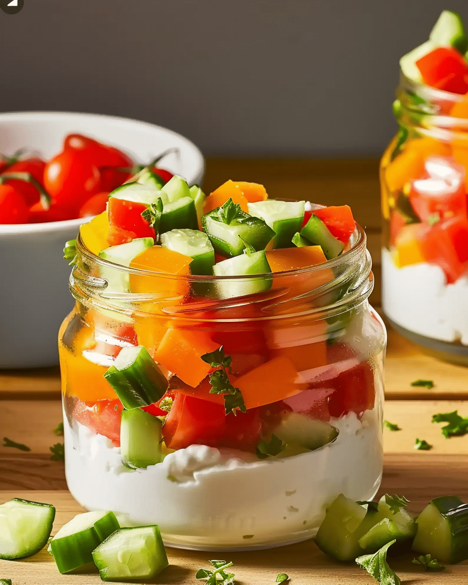 Cottage Cheese Snack Jar With Tomatoes, Cucumbers & Bell Peppers