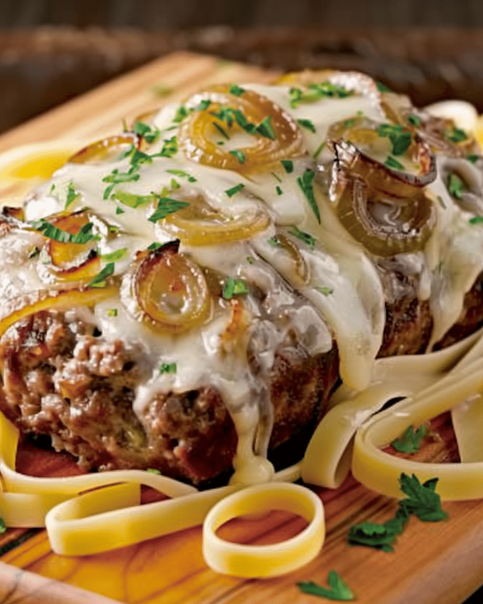 Crockpot French Onion Meatloaf with Melted Swiss Cheese