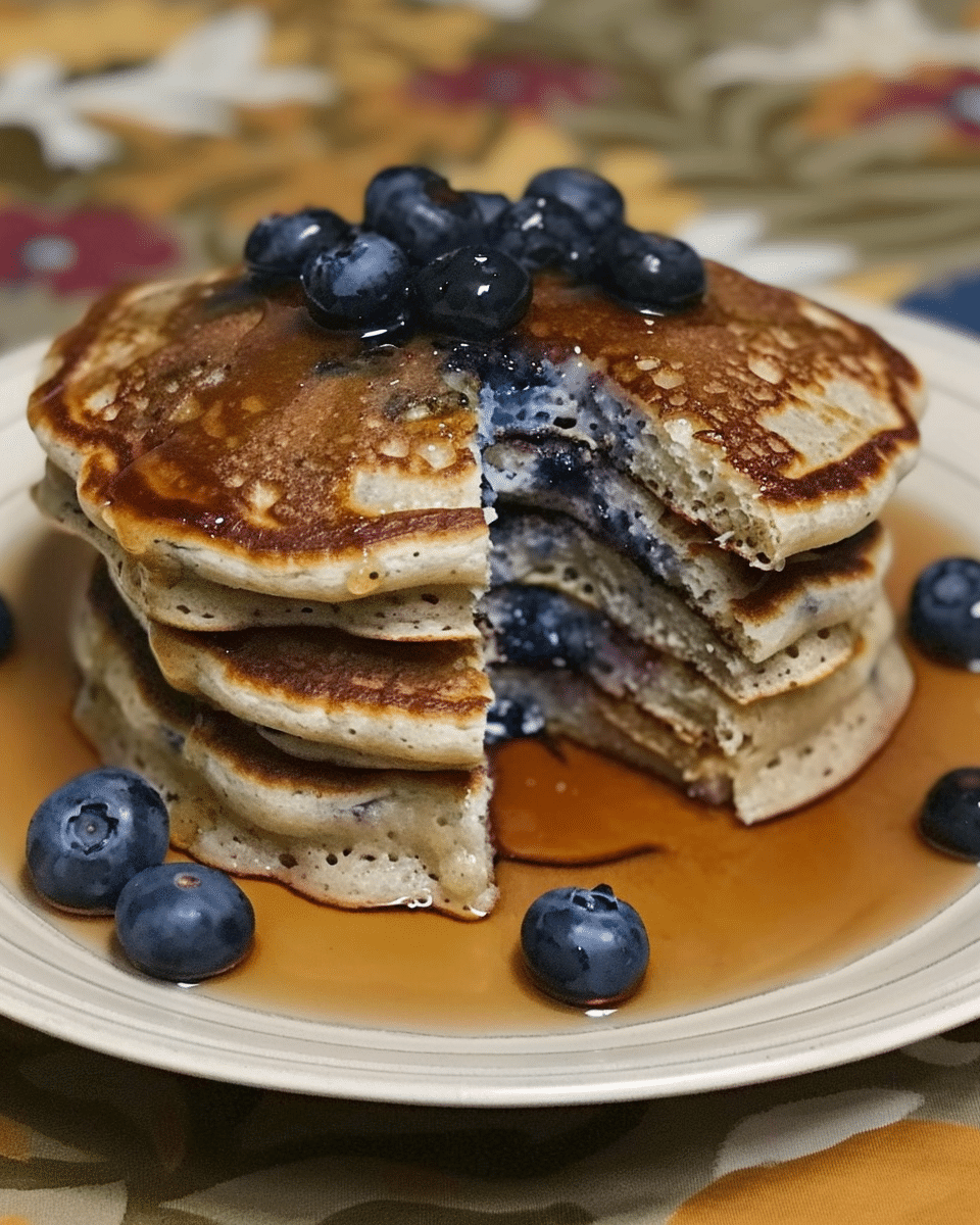 Fluffy Blueberry Pancakes With Maple Syrup Drizzle