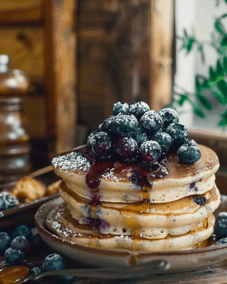 Fluffy Blueberry Pancakes With Maple Syrup Drizzle