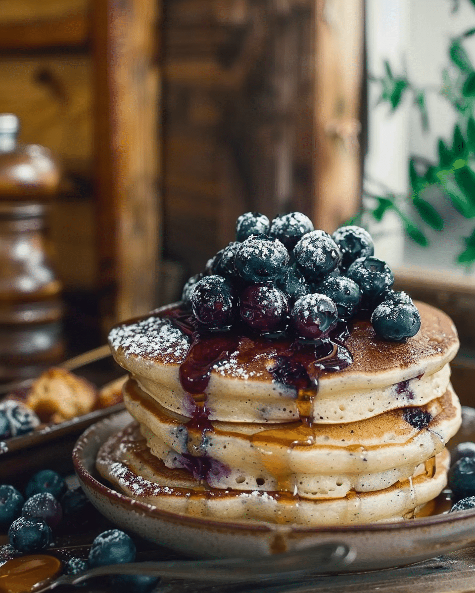 Fluffy Blueberry Pancakes With Maple Syrup Drizzle