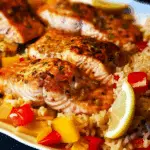 Garlic Lemon Salmon with Peppers and Brown Rice