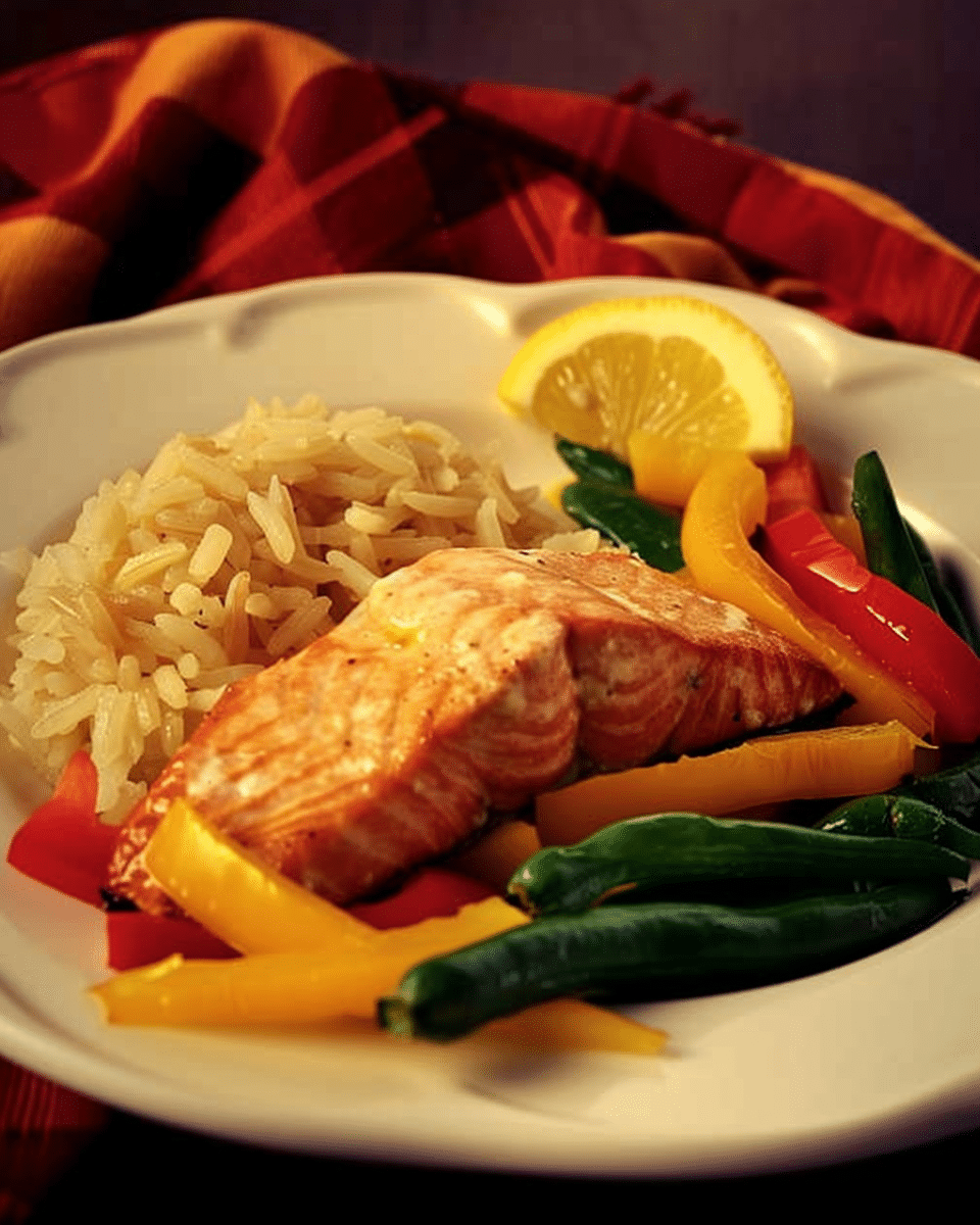 Garlic Lemon Salmon with Peppers and Brown Rice