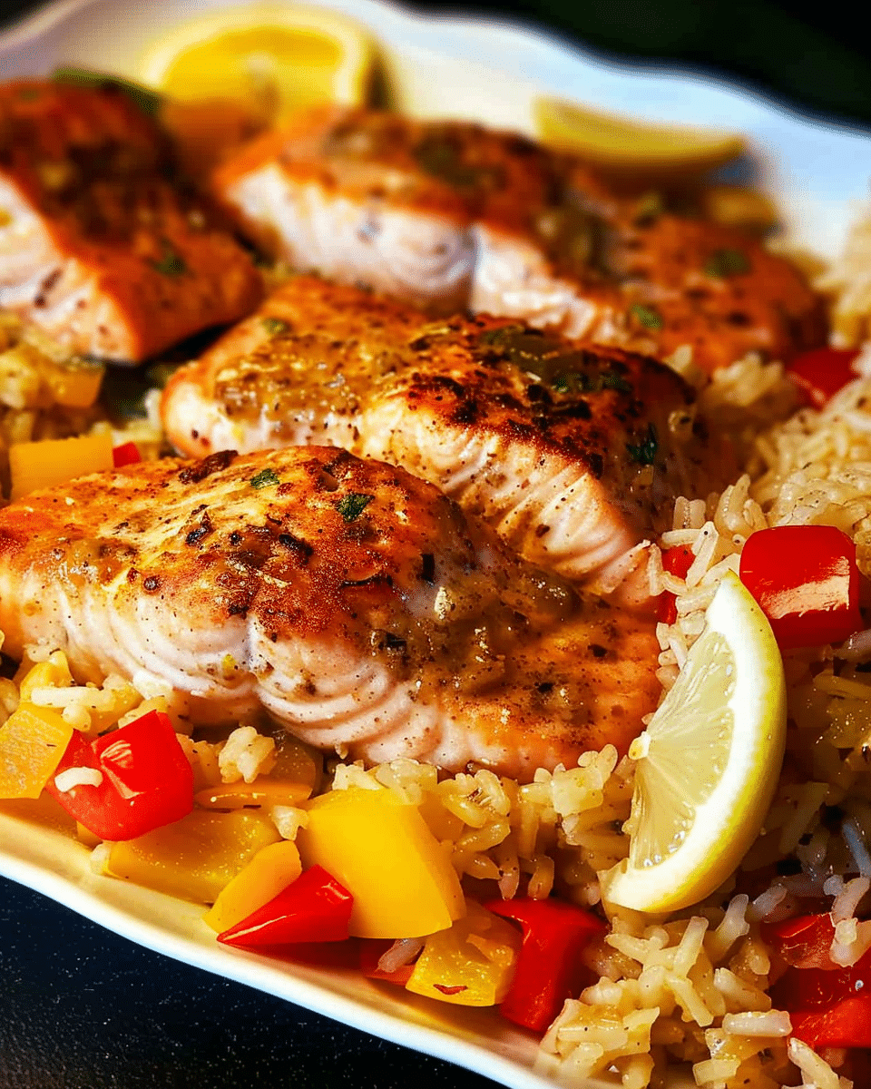 Garlic Lemon Salmon with Peppers and Brown Rice