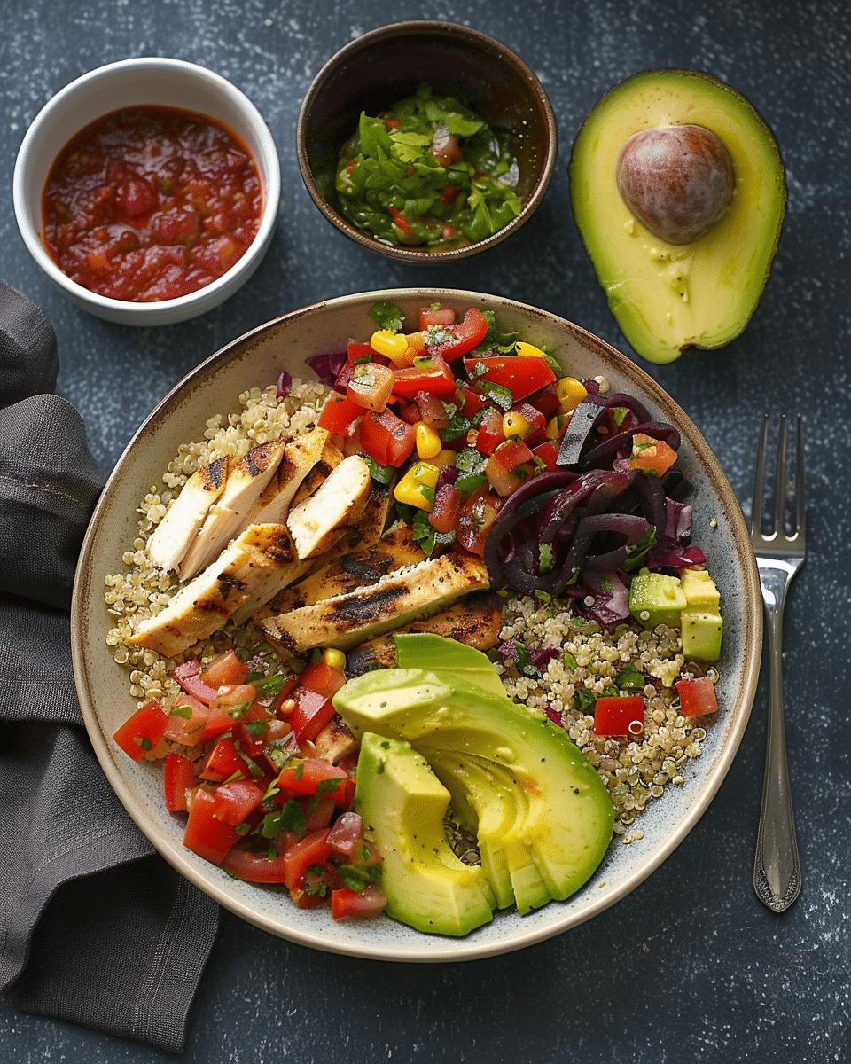 Grilled Chicken and Quinoa Burrito Bowls with Avocado Salsa