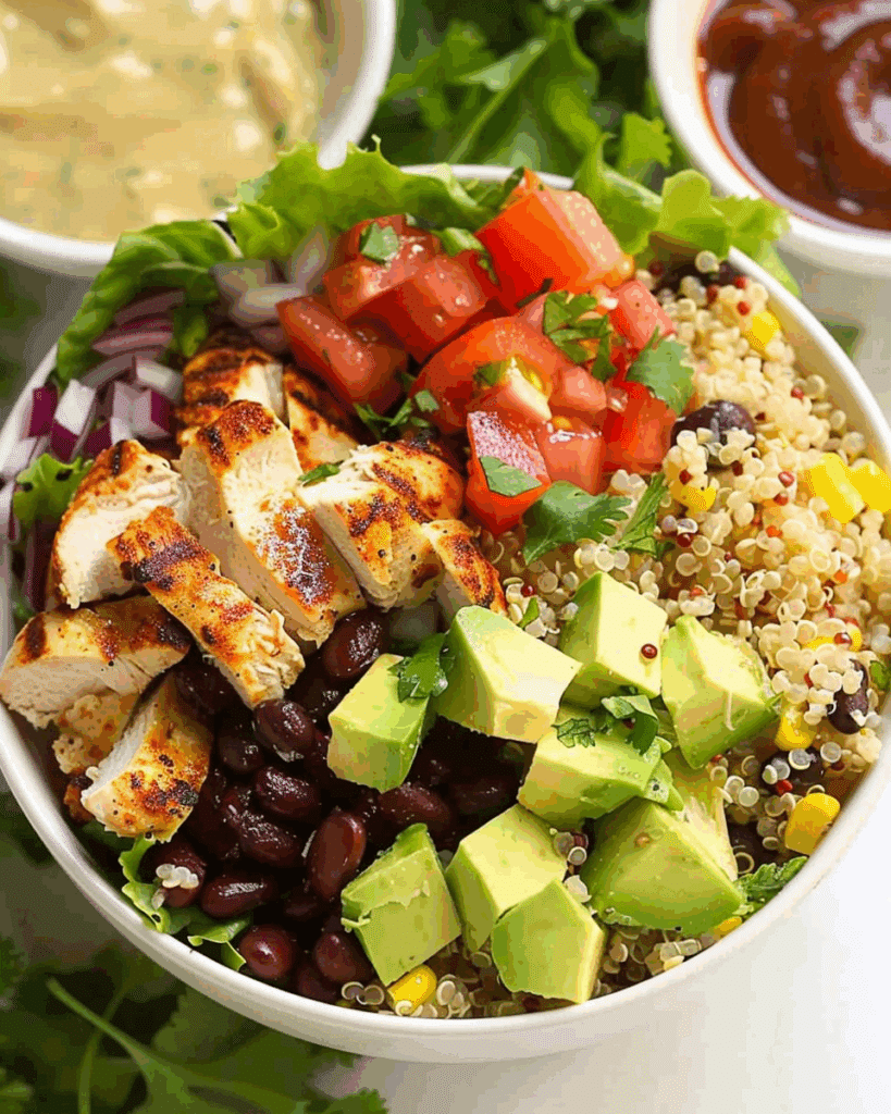 Grilled Chicken and Quinoa Burrito Bowls with Avocado Salsa