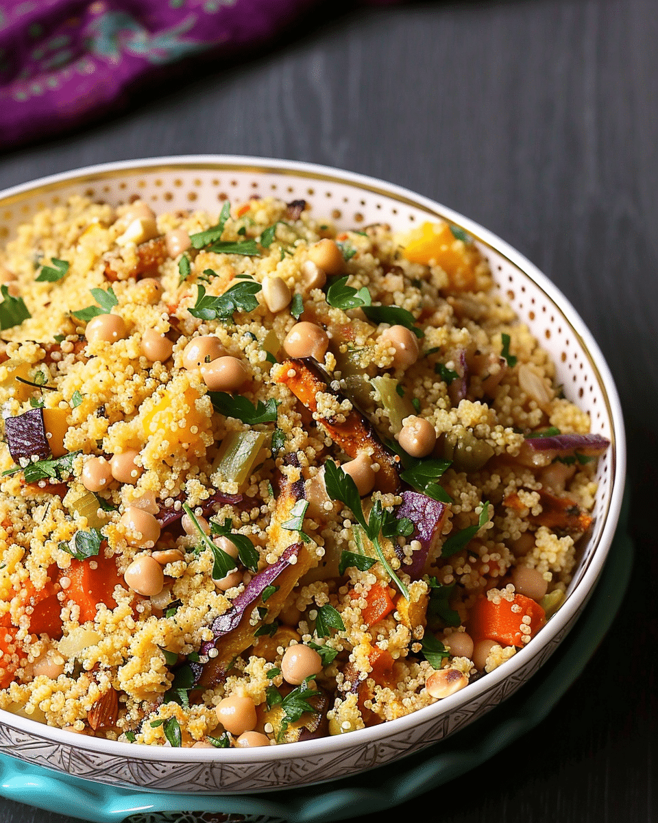 Moroccan Couscous with Roasted Vegetables, Chickpeas, and Almonds