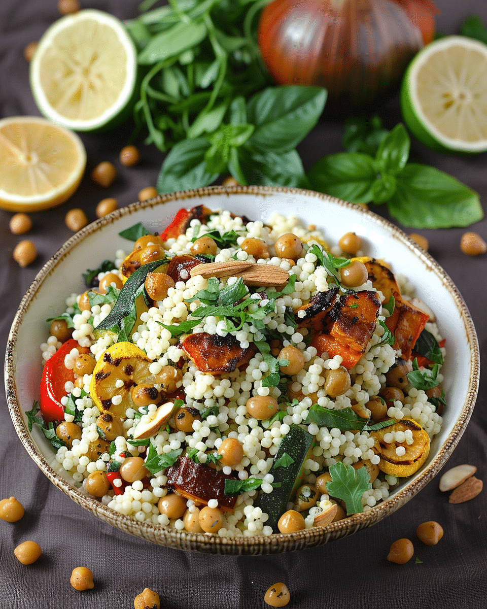 Moroccan Couscous with Roasted Vegetables, Chickpeas, and Almonds