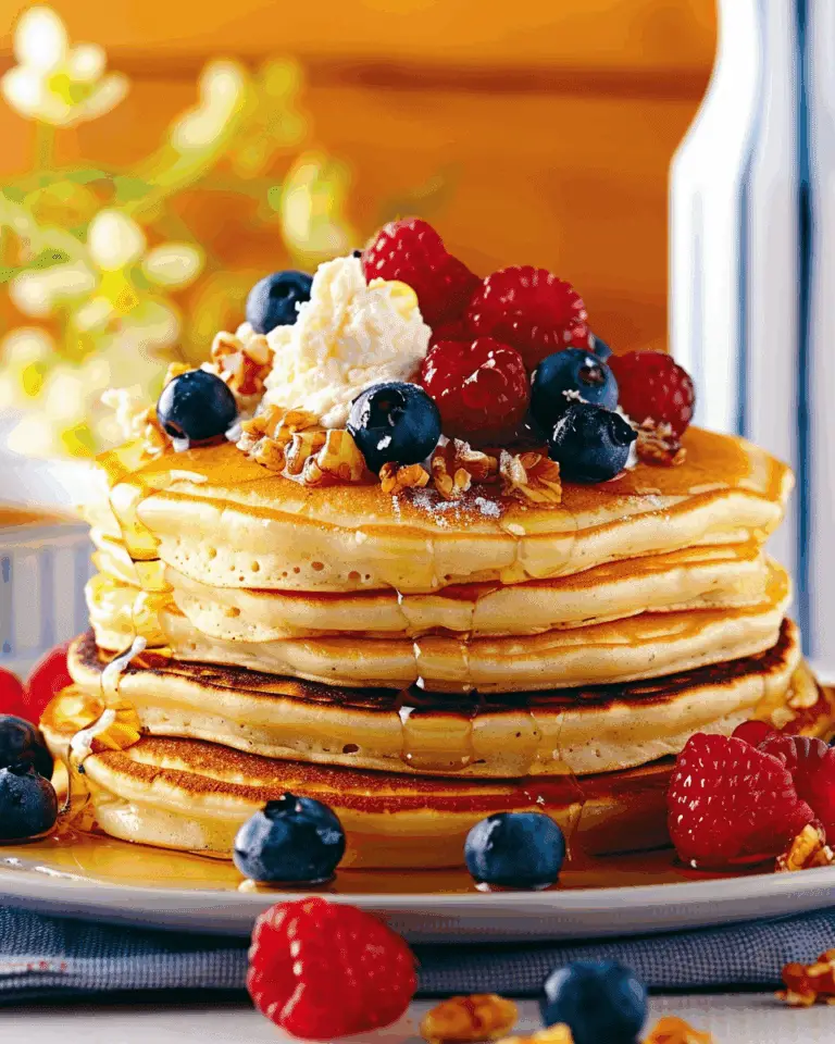 Ricotta Pancakes with Berries & Lemon Honey Sauce