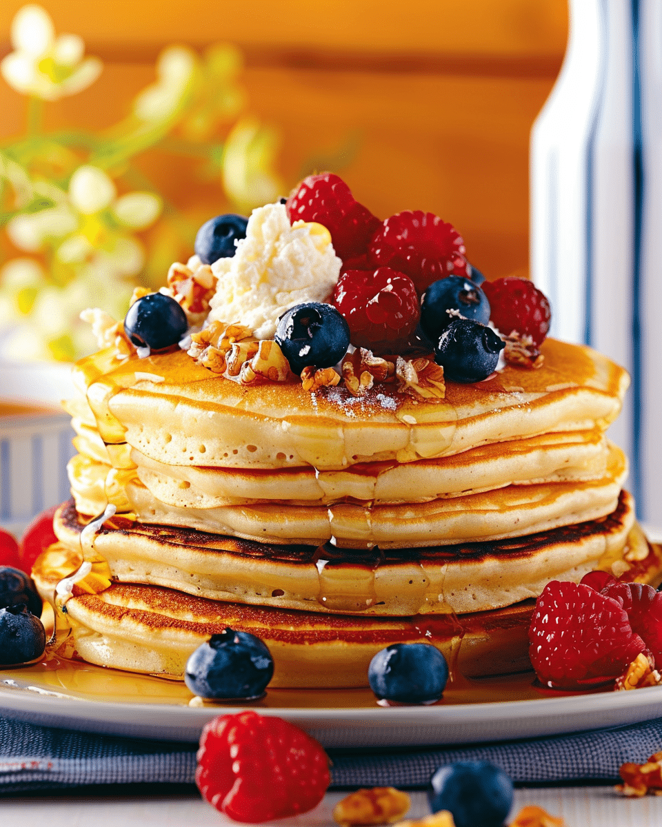 Ricotta Pancakes with Berries & Lemon Honey Sauce