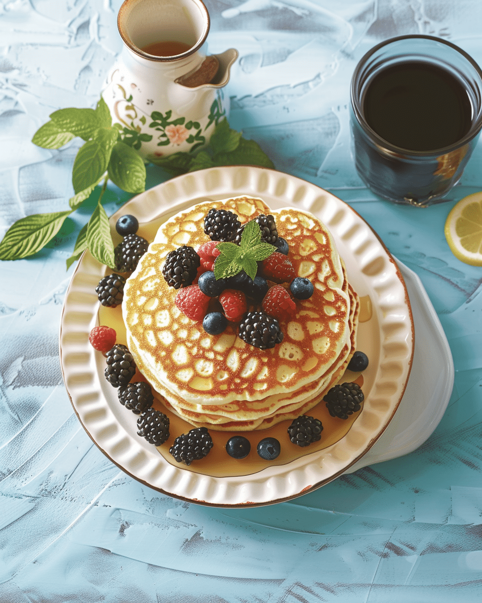 Ricotta Pancakes with Berries & Lemon Honey Sauce