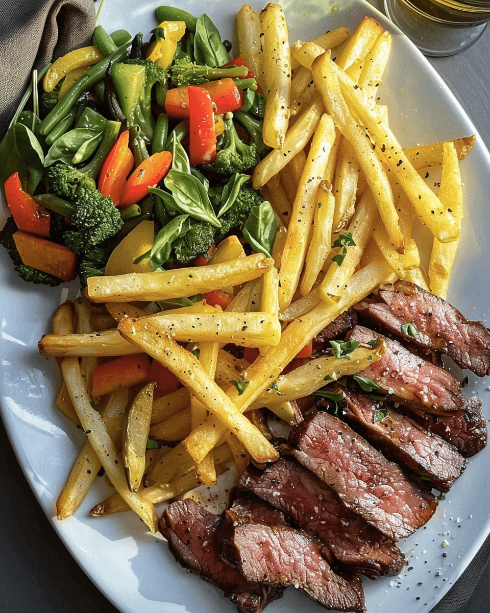 Beef Strips with Colorful Veggie Sauté and Golden Fries