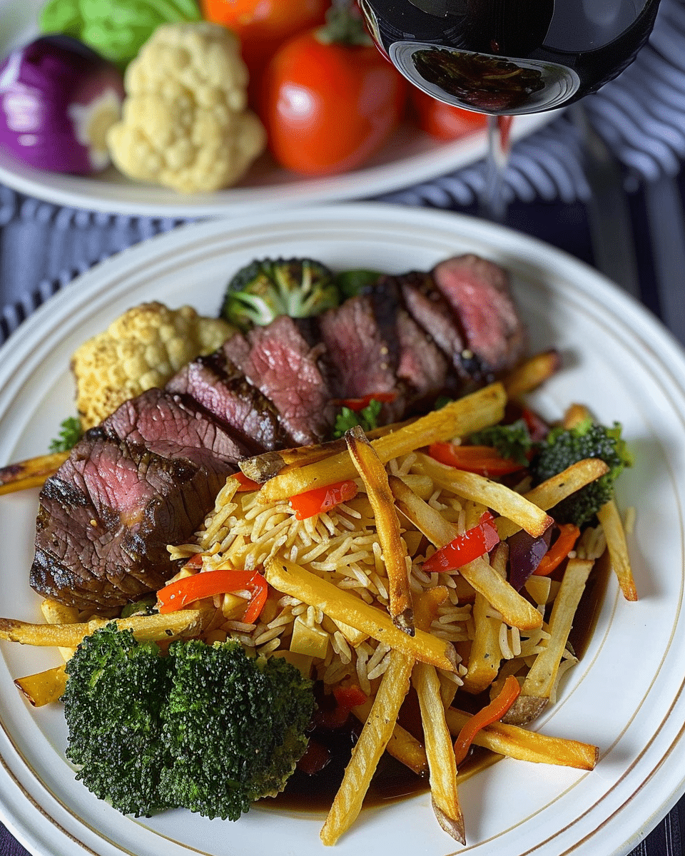 Beef Strips with Colorful Veggie Sauté and Golden Fries