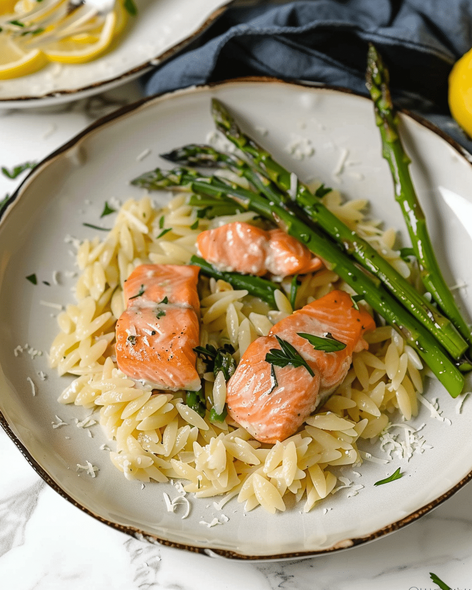 Creamy Lemon Parmesan Orzo with Salmon and Asparagus