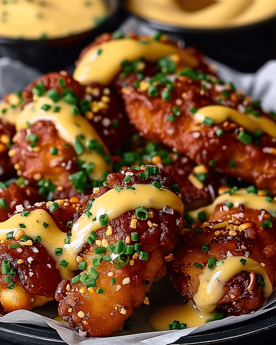 Crispy Pretzel Chicken with Mustard-Cheddar Sauce