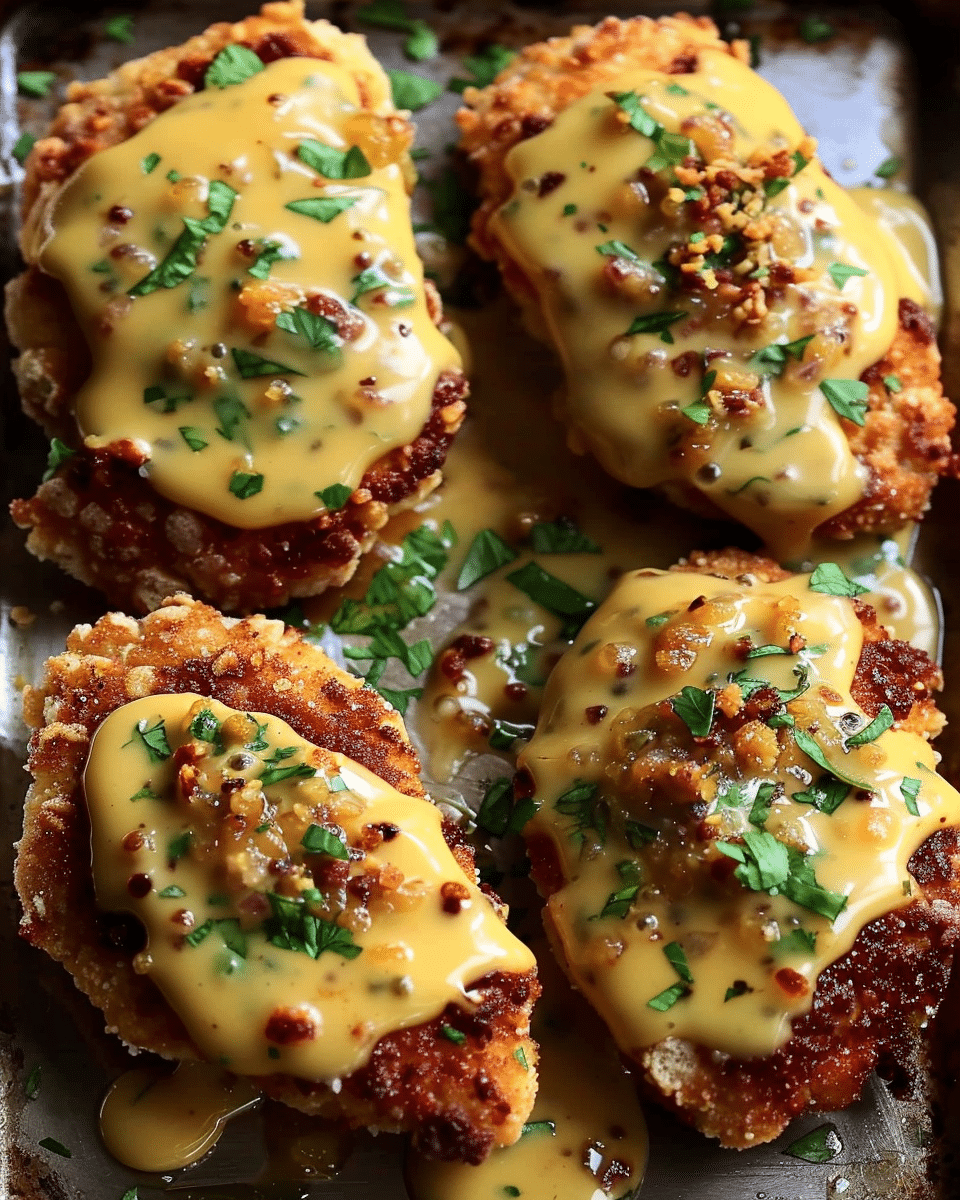 Crispy Pretzel Chicken with Mustard-Cheddar Sauce