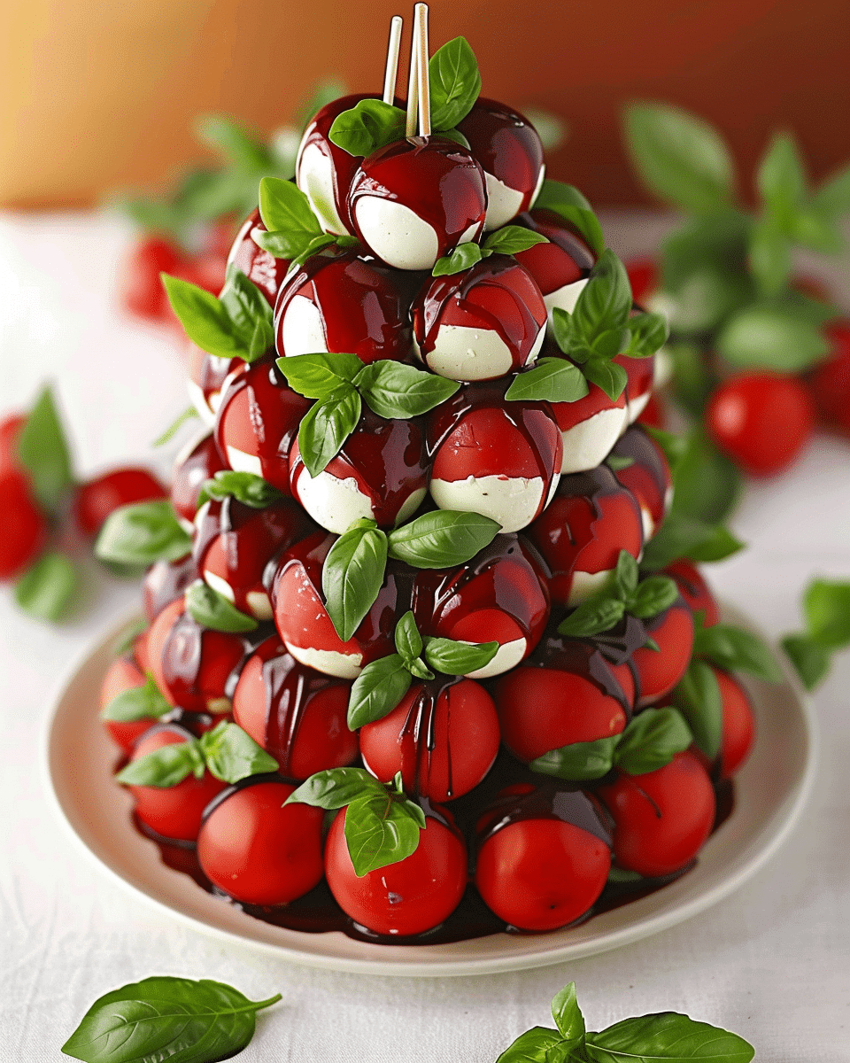 Festive Caprese Christmas Tree with Balsamic Glaze & Fresh BasilFestive Caprese Christmas Tree with Balsamic Glaze & Fresh Basil