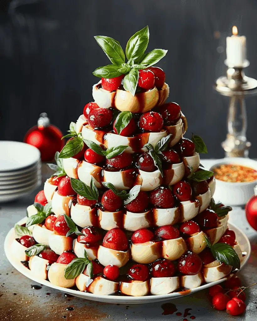 Festive Caprese Christmas Tree with Balsamic Glaze & Fresh BasilFestive Caprese Christmas Tree with Balsamic Glaze & Fresh Basil