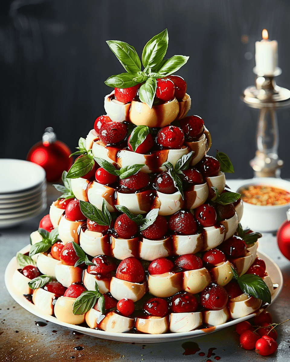 Festive Caprese Christmas Tree with Balsamic Glaze & Fresh BasilFestive Caprese Christmas Tree with Balsamic Glaze & Fresh Basil