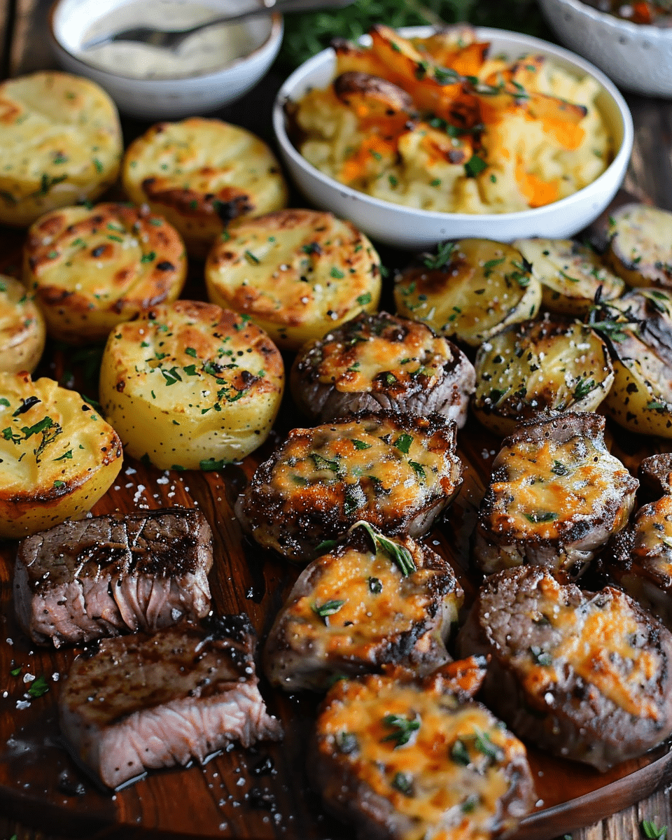 Garlic Butter Steak Bites and Cheesy Smashed Potatoes