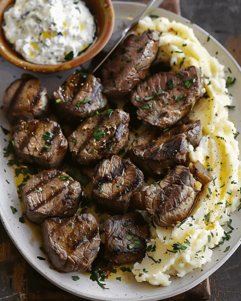 Garlic Butter Steak Bites and Cheesy Smashed Potatoes