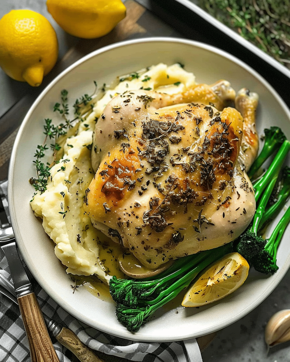 Herb-Lemon Chicken with Garlic Mashed Potatoes and Broccolini
