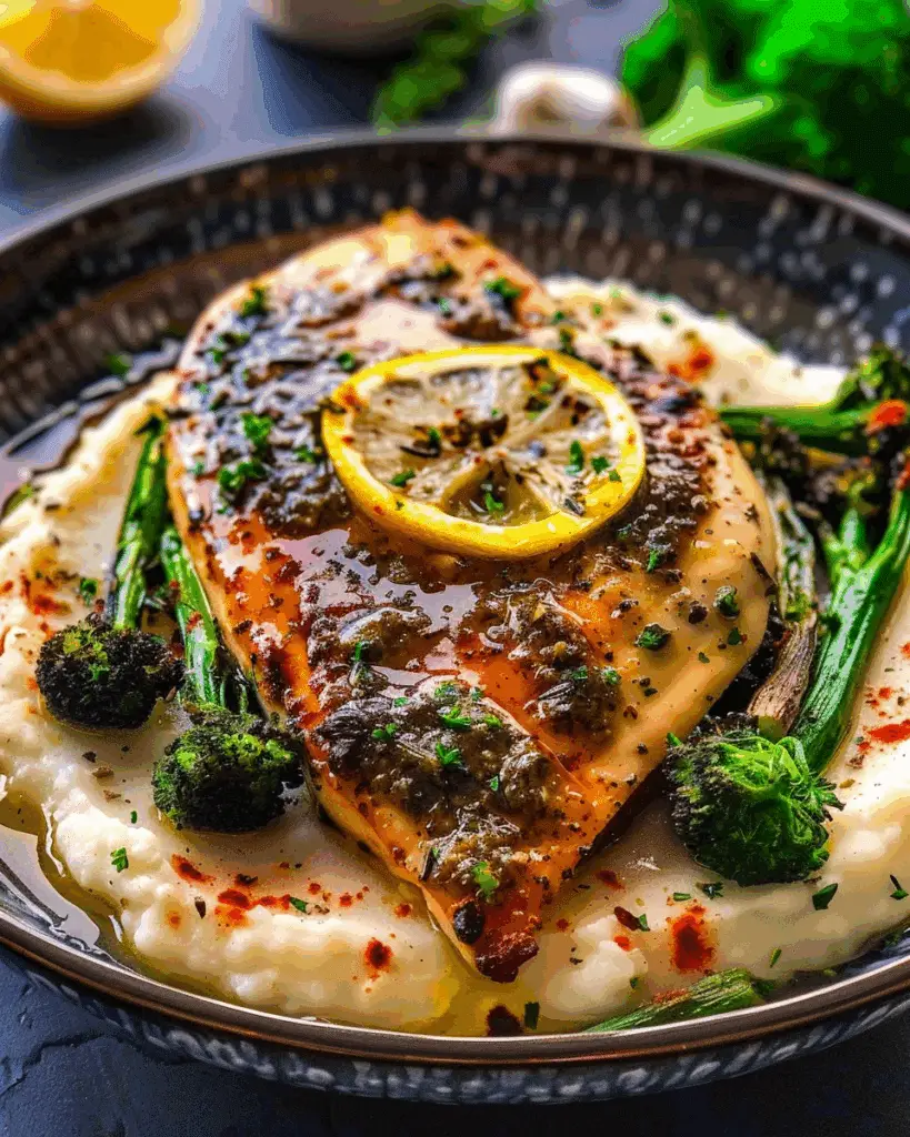 Herb-Lemon Chicken with Garlic Mashed Potatoes and Broccolini