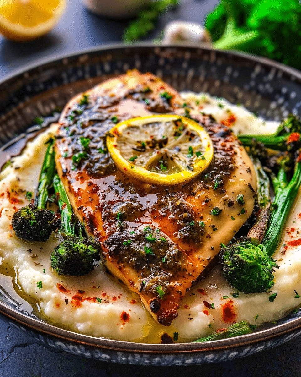 Herb-Lemon Chicken with Garlic Mashed Potatoes and Broccolini