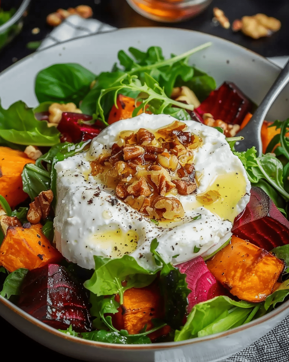 Holiday Roasted Beet and Sweet Potato Burrata Salad