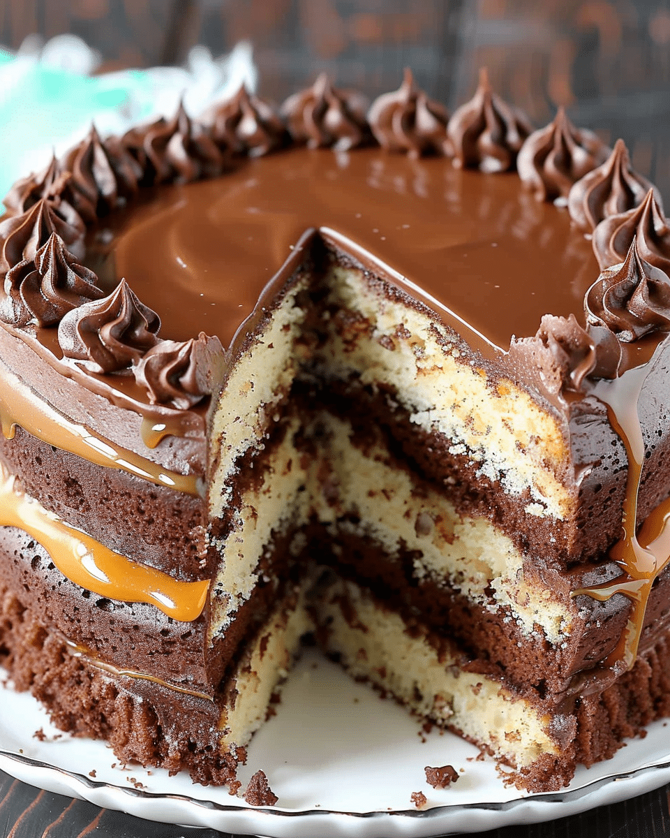 Homemade Chocolate Cake with Caramel Filling and Chocolate Ganache