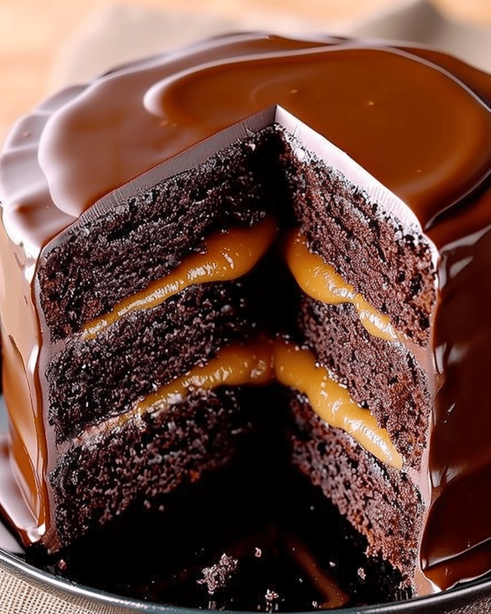 Homemade Chocolate Cake with Caramel Filling and Chocolate Ganache