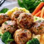 Meatballs with Mashed Potatoes, Steamed Broccoli, and Carrots