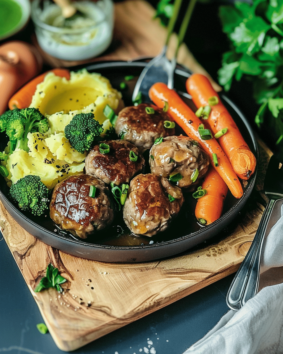 Meatballs with Mashed Potatoes, Steamed Broccoli, and Carrots