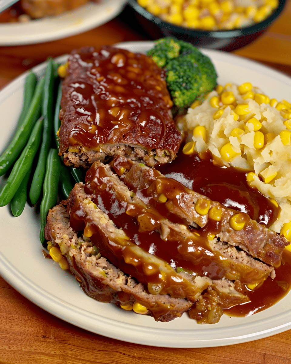 Meatloaf Dinner with Loaded Mashed Potatoes, Corn, and Green Beans