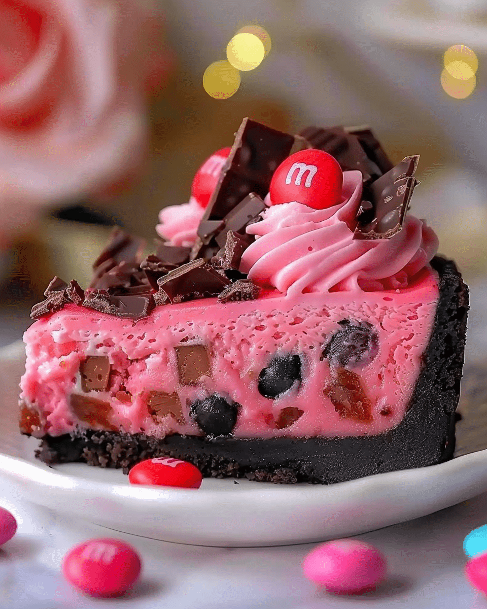 Pink M&M Snickers Cheesecake