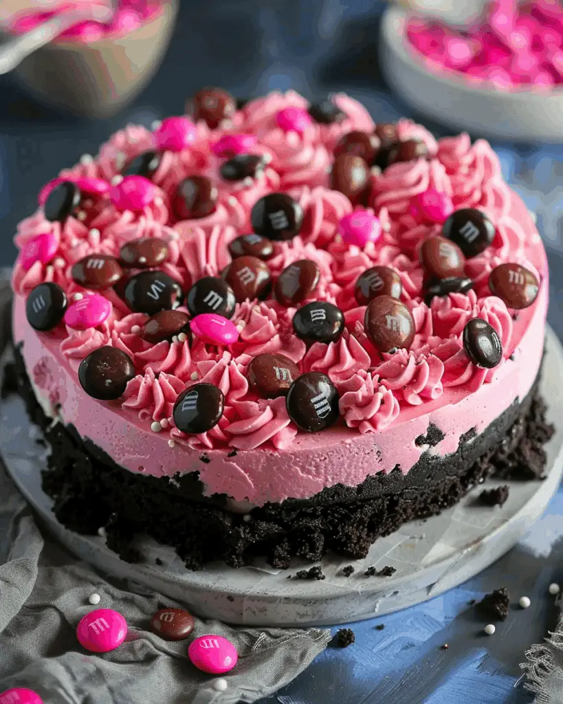 Pink M&M Snickers Cheesecake
