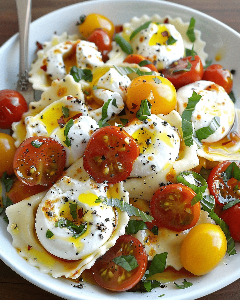 Ricotta and Lemon Zest Ravioli with Burst Tomatoes and Burrata