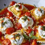 Ricotta and Lemon Zest Ravioli with Burst Tomatoes and Burrata