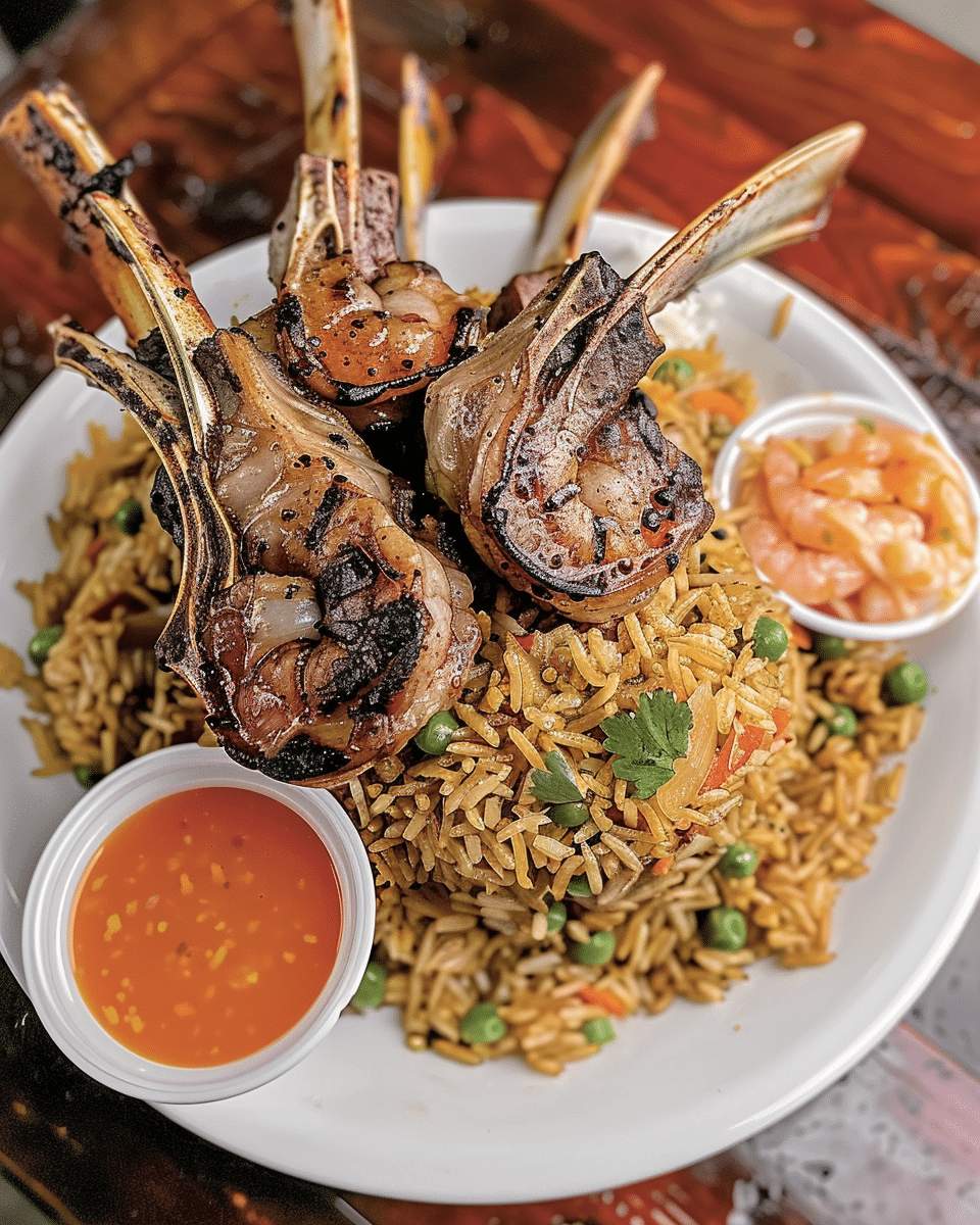 Shrimp Fried Rice With Lamb Chops & Spicy Yum Yum Sauce