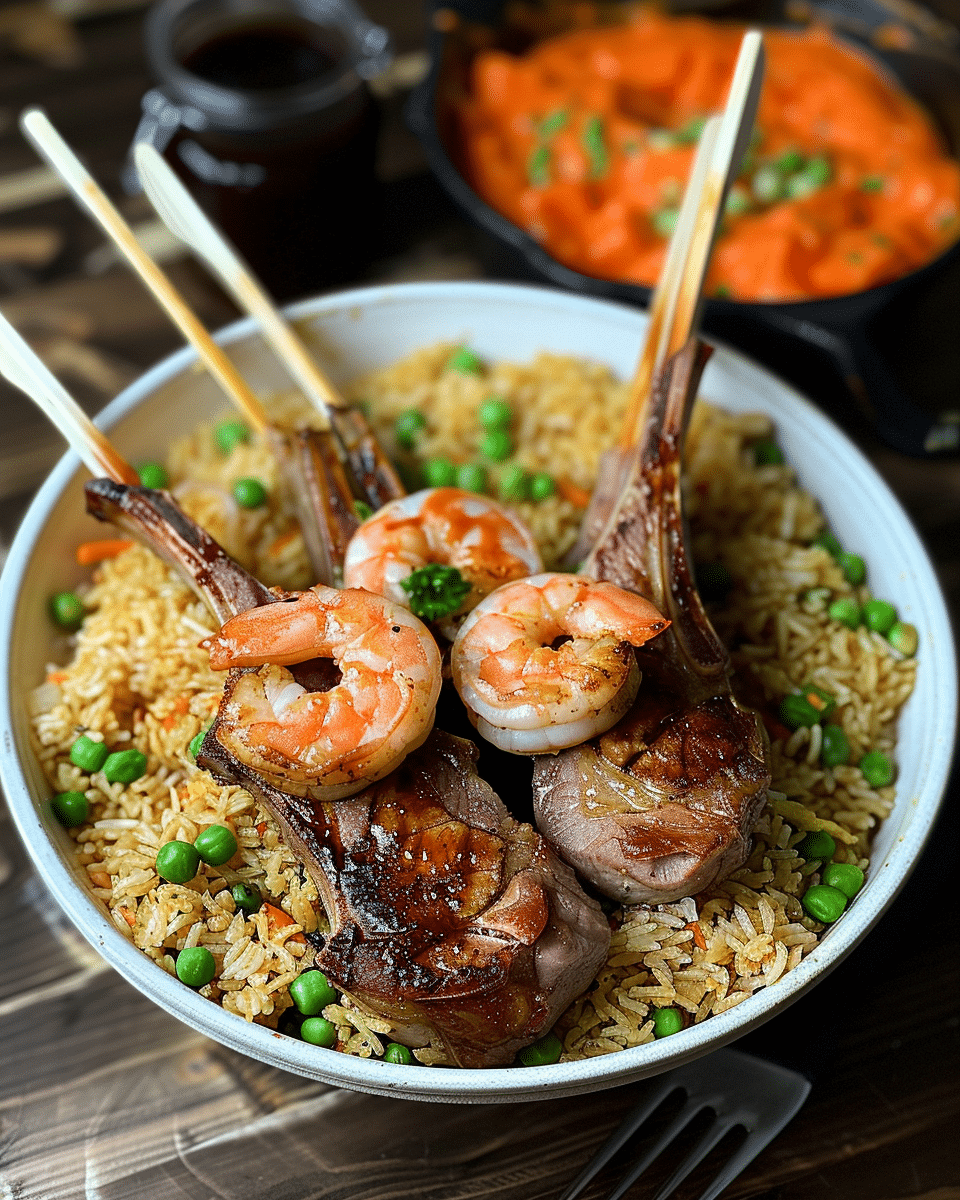 Shrimp Fried Rice With Lamb Chops & Spicy Yum Yum Sauce