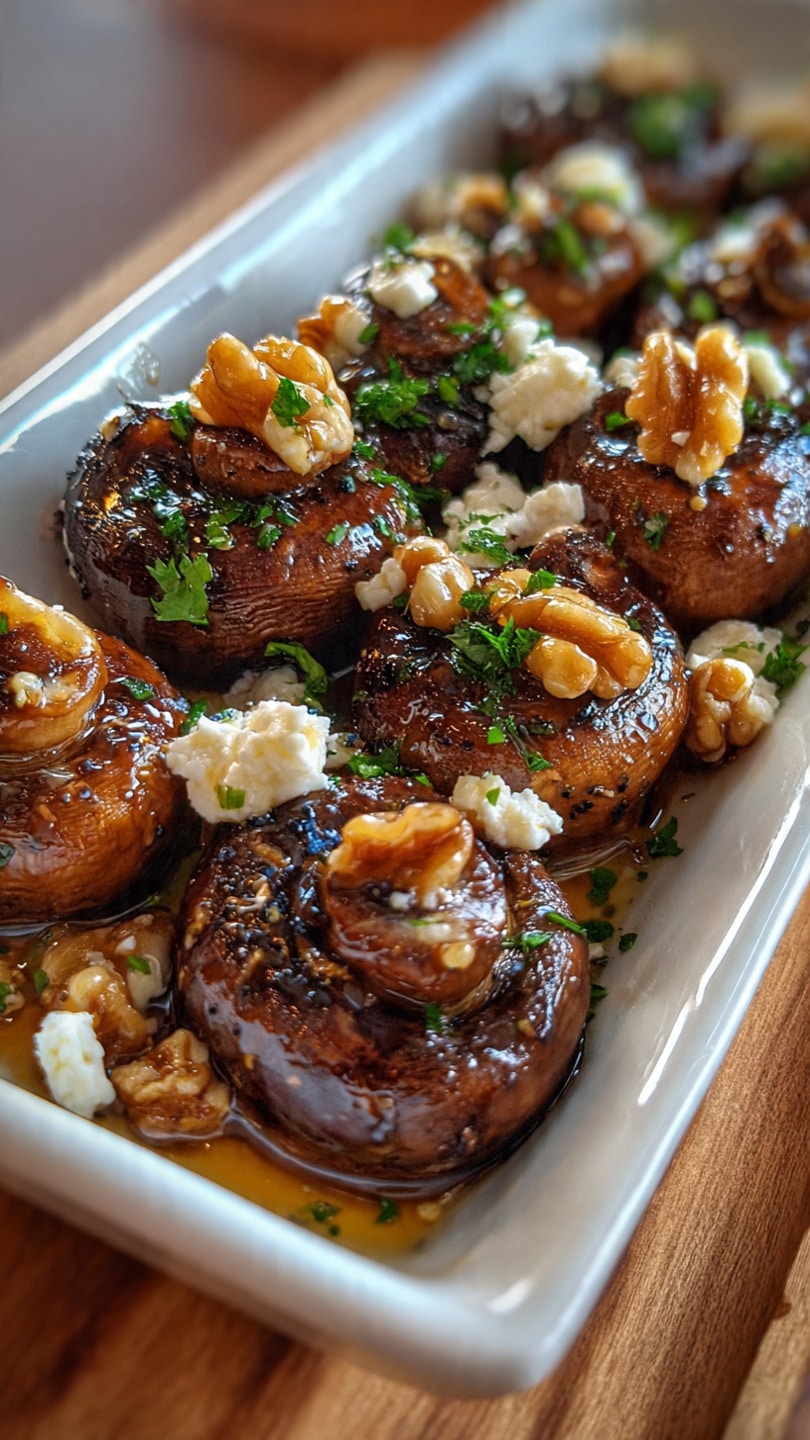 Caramelized Garlic Mushrooms with Feta, Walnuts & Hot Honey Drizzle