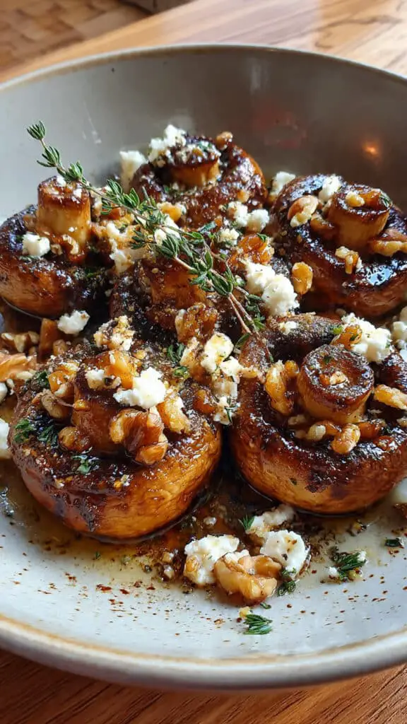Caramelized Garlic Mushrooms with Feta, Walnuts & Hot Honey Drizzle