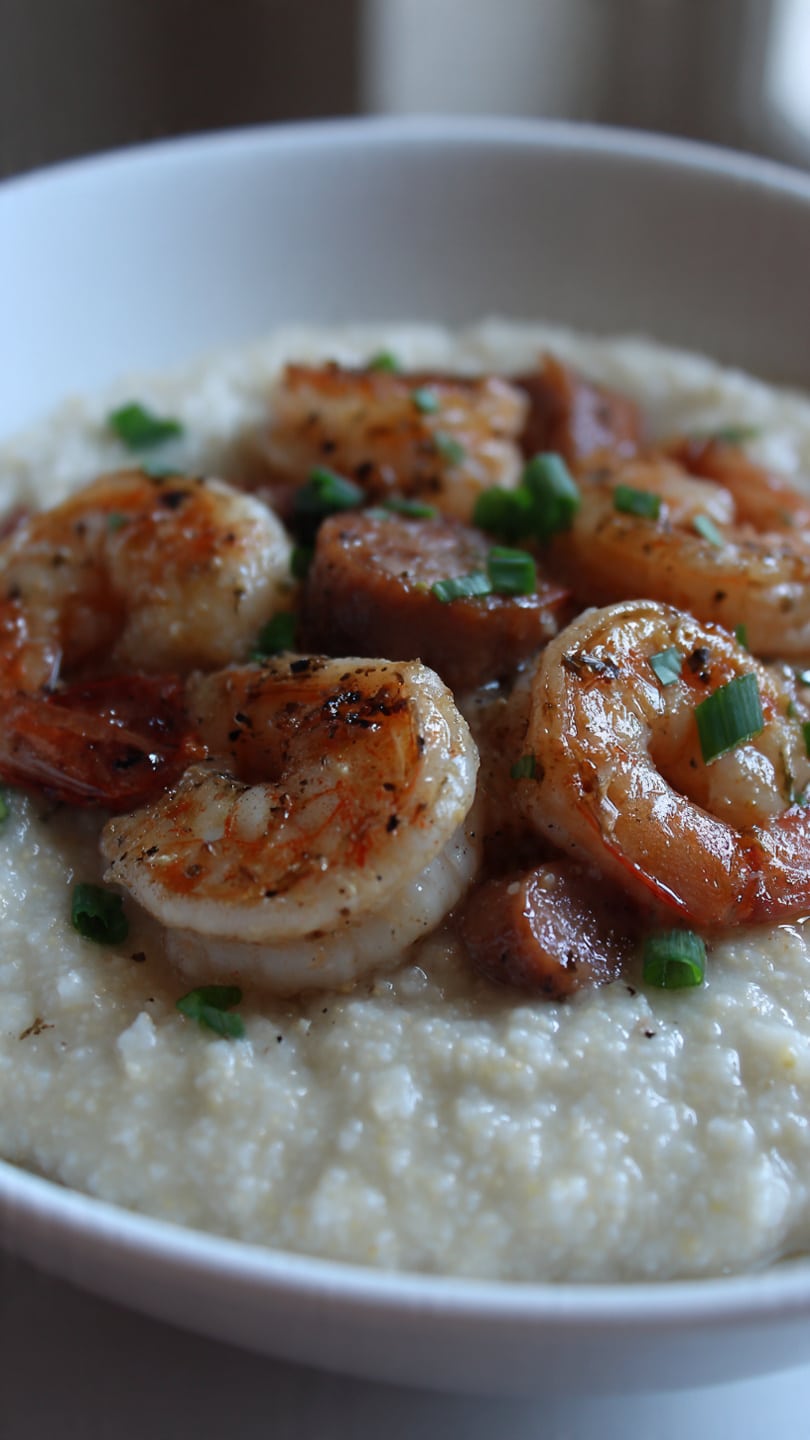 Catfish, Shrimp & Sausage Grits with Creamy Cheddar Grits